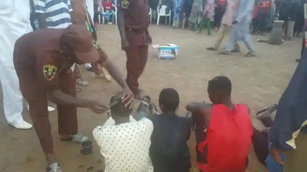 Photos: Suspected thieves apprehended and paraded in Kano state, get their hair shaved off